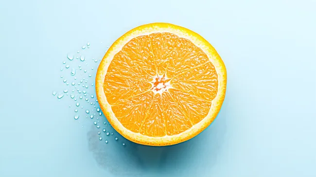 Frisch geschnittene Orangenscheibe auf blauem Hintergrund