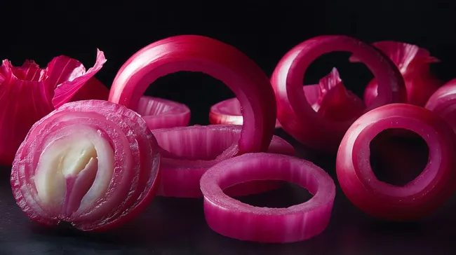 Frisch geschnittene, rosa Zwiebeln auf schwarzem Hintergrund