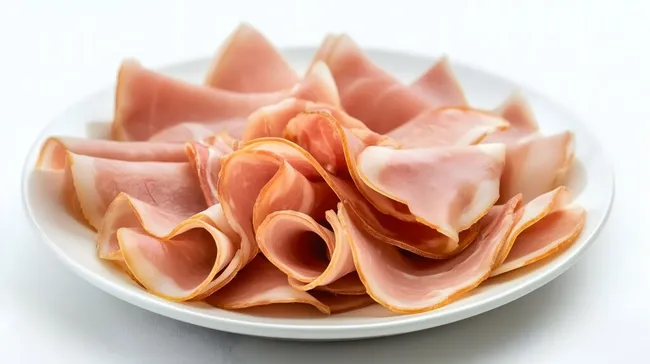 Frisch geschnittene Schinkenstreifen auf weißem Teller