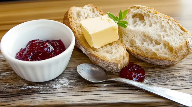 Frisch geschnittenes Baguette mit Butter und Marmelade