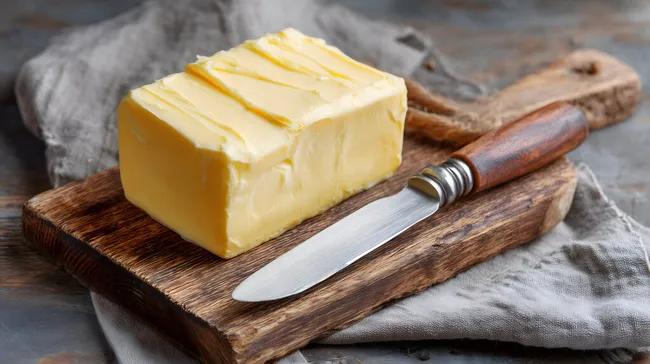 Frisch geschnittenes Butterstück auf Holzbrett