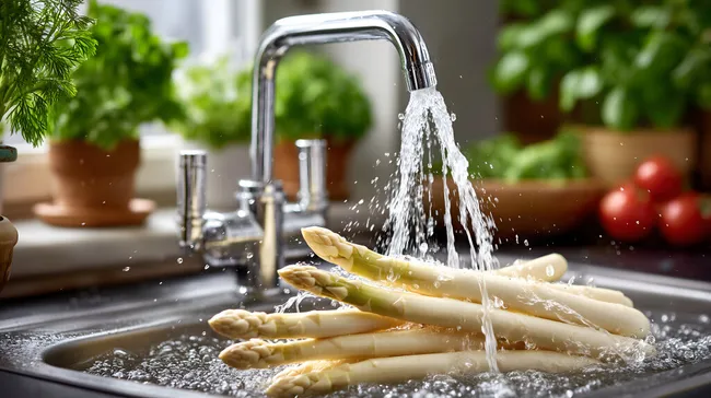 Frisch gespülter weißer Spargel unter Wasserhahn