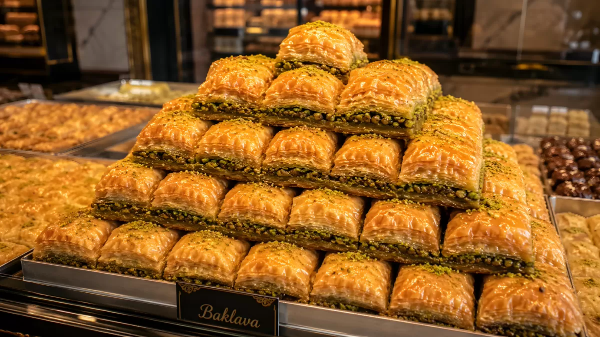 Frisch gestapelte Baklava mit Pistazien im Laden