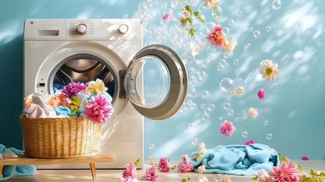 Frisch gewaschene Textilien mit bunten Blumen in Waschmaschine