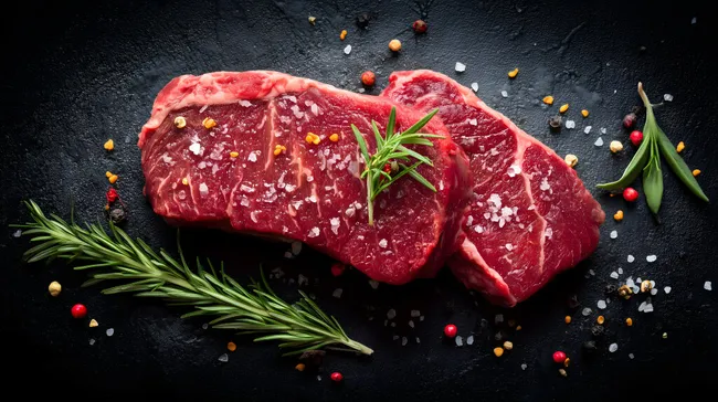 Frisch gewürztes Rindfleischsteak auf schwarzem Hintergrund