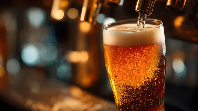 Frisch gezapftes Bier in Glas mit Bokeh-Effekt