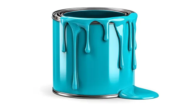 Frisch lackierte türkisfarbene Wandfarbe in offener Dose