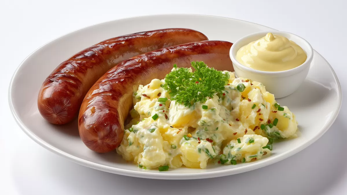 Frisch servierte Bockwurst mit Kartoffelsalat