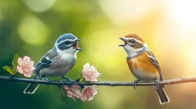 Frisch singende Vögel auf Frühlingsast