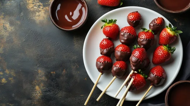 Frisch überzogene Schokoerdbeeren auf Holzbrett