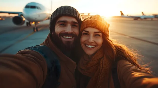 Frisch verliebtes Paar macht Selfie am Flughafen bei Sonnenuntergang
