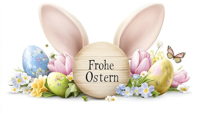 Frisch verzierte Ostereier und Blumen auf Holzuntergrund