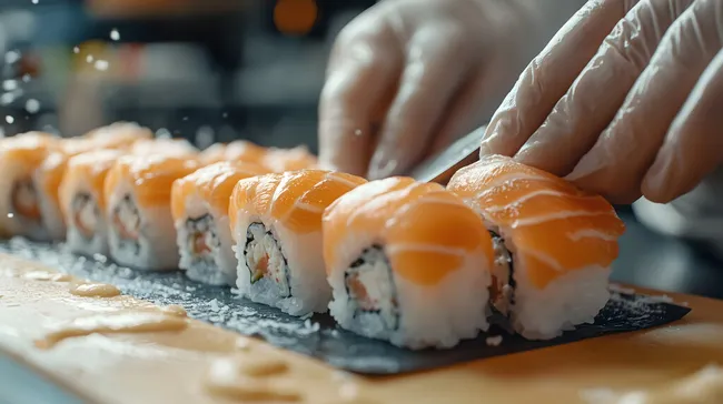 Frisch zubereite Sushi-Rollen mit Lachs