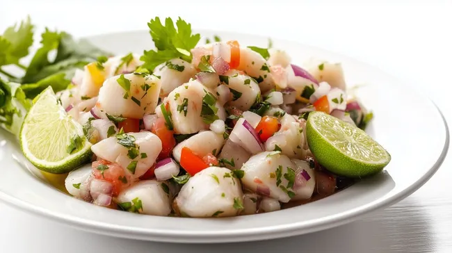 Frisch zubereiterter Ceviche auf weißem Teller