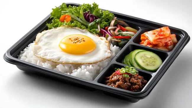 Frisch zubereitete asiatische Bento-Box mit Reis, Spiegelei und Gemüse
