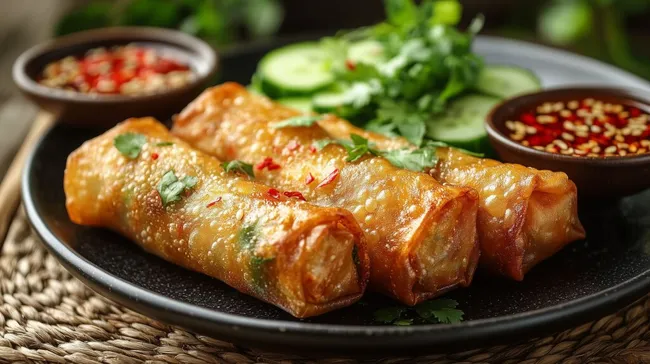 Frisch zubereitete asiatische Frühlingsrollen mit Dip