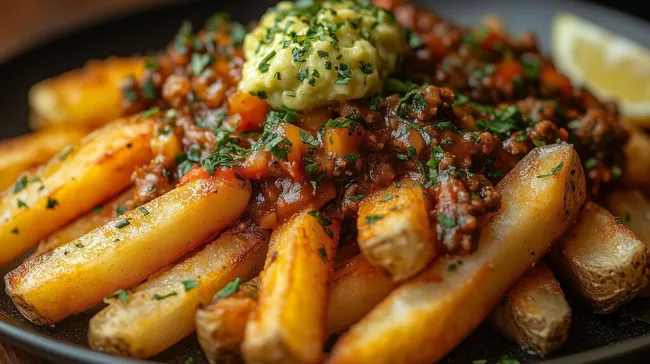 Frisch zubereitete Bratkartoffeln mit pikanter Tomatensauce