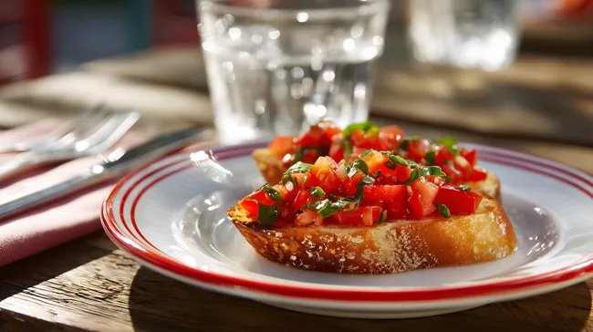 Frisch zubereitete Bruschetta mit Tomaten-Basilikum-Salat