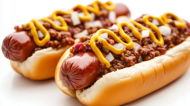 Frisch zubereitete Chili-Hot-Dogs mit Senf und Zwiebeln