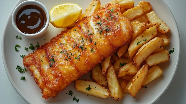 Frisch zubereitete Fish and Chips mit Zitrone und Dip