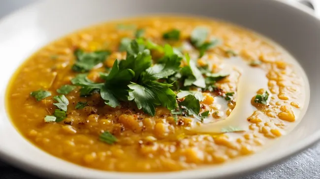 Frisch zubereitete Linsensuppe mit Kräutern