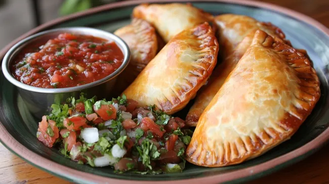 Frisch zubereitete mexikanische Empanadas mit Salsa und Pico de Gallo