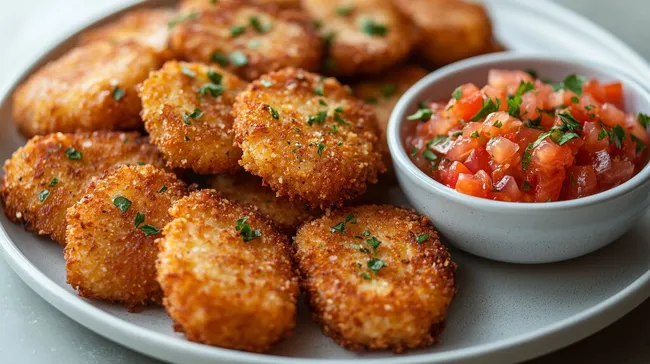 Frisch zubereitete panierte Mini-Schnitzel mit Tomatensalsa