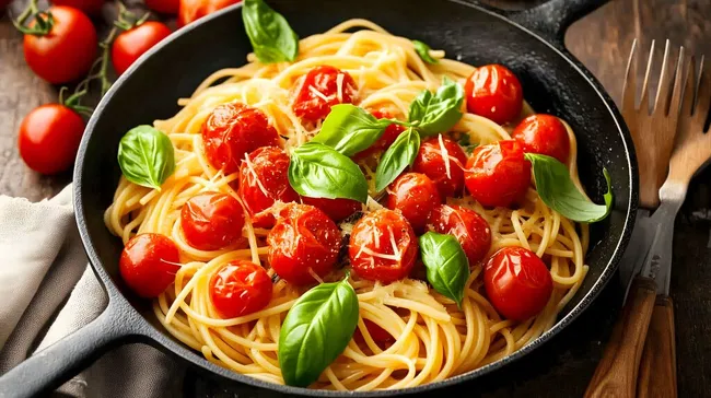 Frisch zubereitete Pasta mit gebratenen Kirschtomaten und Basilikum