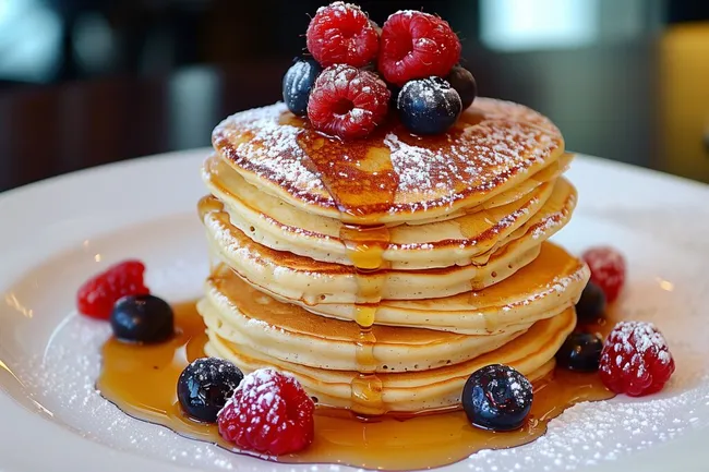 Frisch zubereitete Pfannkuchen mit Früchten und Ahornsirup