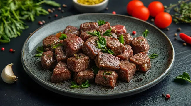 Frisch zubereitete Rindfleischstücke auf Teller mit Kräutern und Gewürzen