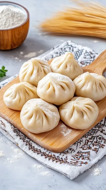 Frisch zubereitete Teigtaschen auf Holzbrett