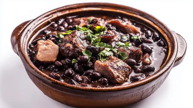 Frisch zubereitete, würzige Feijoada in traditioneller Tonschüssel