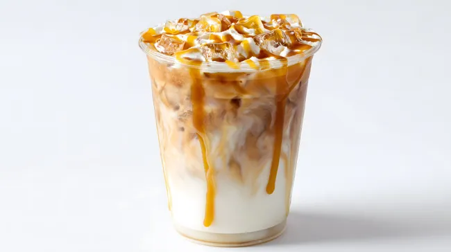 Frisch zubereiteter Eiskaffe mit Karamell-Topping