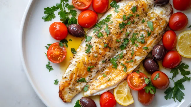 Frisch zubereiteter Fisch mit mediterranen Gemüsedeko