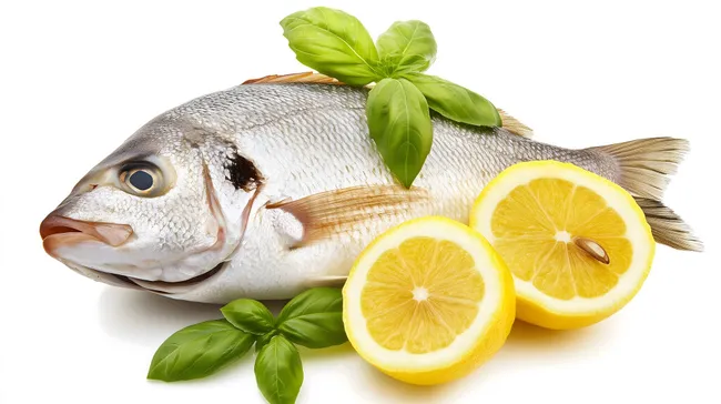 Frisch zubereiteter Fisch mit Zitrone und Basilikum