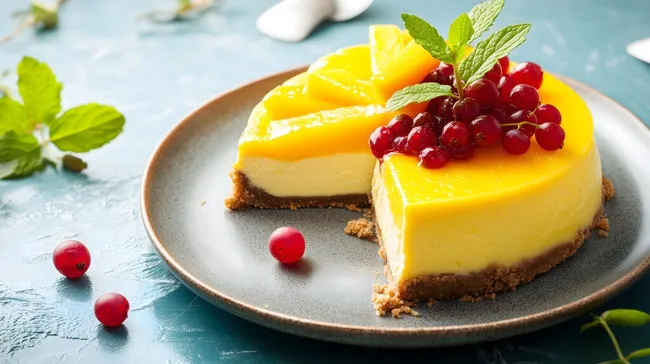 Frisch zubereiteter fruchtiger Mango-Käsekuchen