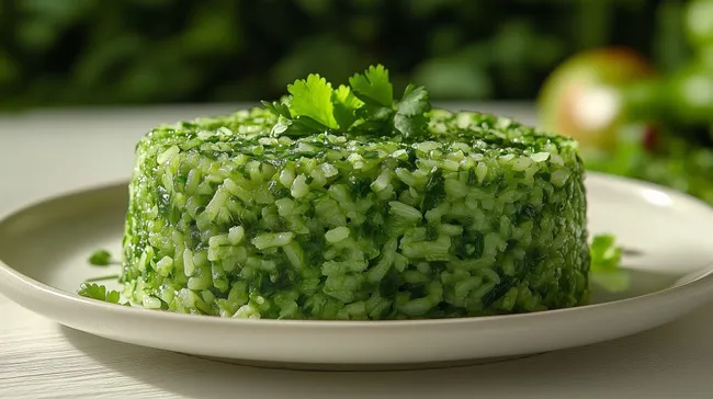 Frisch zubereiteter grüner Reis mit Koriander