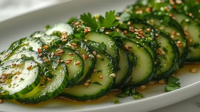 Frisch zubereiteter Gurkensalat mit Sesam