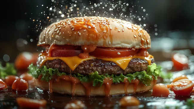 Frisch zubereiteter Hamburger mit glänzender Tomatensauce