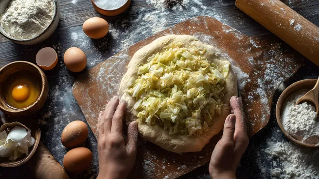 Frisch zubereiteter Hefeteig mit Gemüse und Eiern