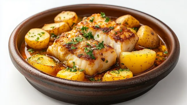 Frisch zubereiteter Kabeljau mit Kartoffeln und Kräutern