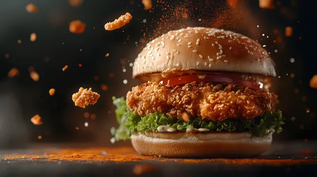 Frisch zubereiteter knuspriger Hähnchen-Burger mit Gewürzen