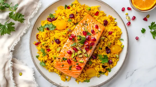 Frisch zubereiteter Lachssalat mit Orangen und Granatapfel