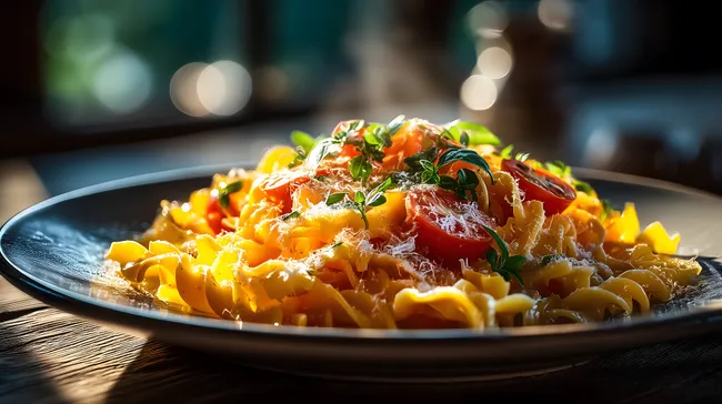 Frisch zubereiteter Pastasalat mit Tomaten und Kräutern