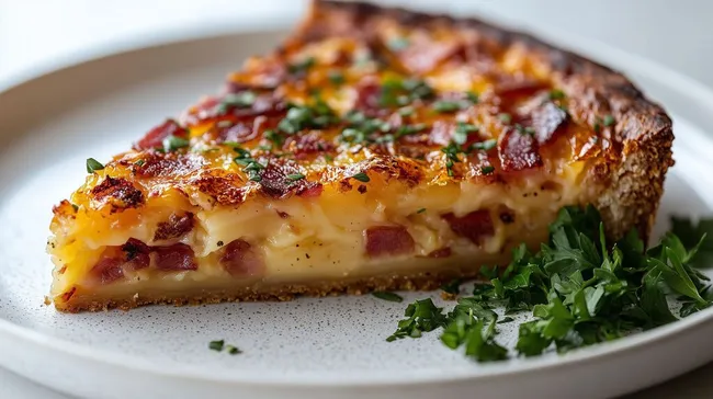 Frisch zubereiteter Quiche mit Speck und Kräutern
