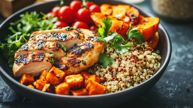 Frisch zubereiteter Quinoa-Salat mit Hähnchen und Gemüse