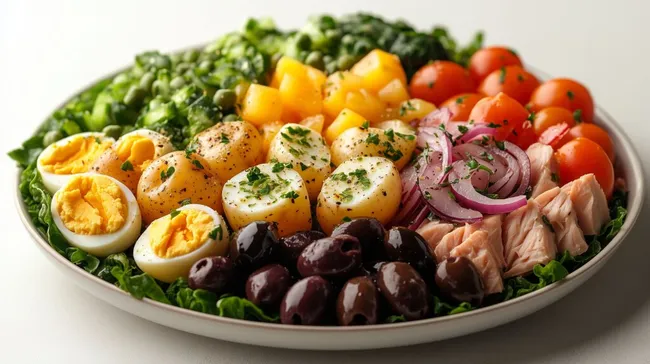 Frisch zubereiteter Salat Niçoise mit Tomaten, Eiern und Thunfisch