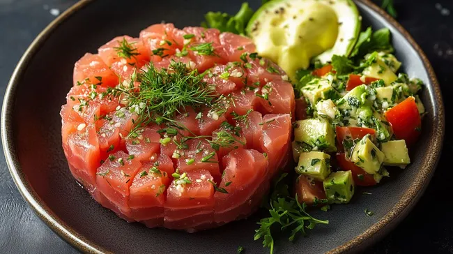 Frisch zubereiteter Thunfisch-Tartar mit Avocado und Kräutern