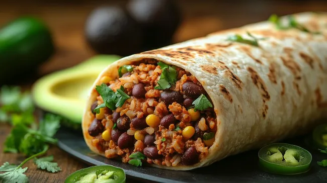 Frisch zubereiteter veganer Burrito mit Reis, Bohnen und Mais