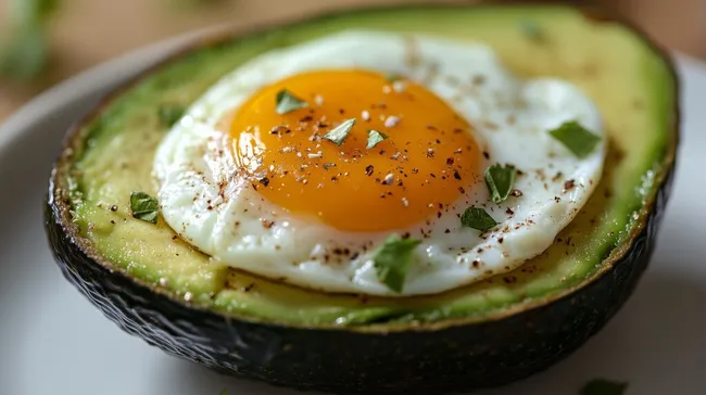 Frisch zubereitetes Avocado-Spiegelei-Gericht